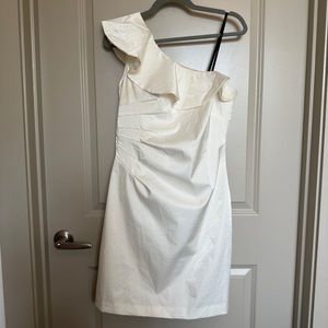 White Satin One Shoulder Ruffle Short Dress by Laundry - Shelli Segal
